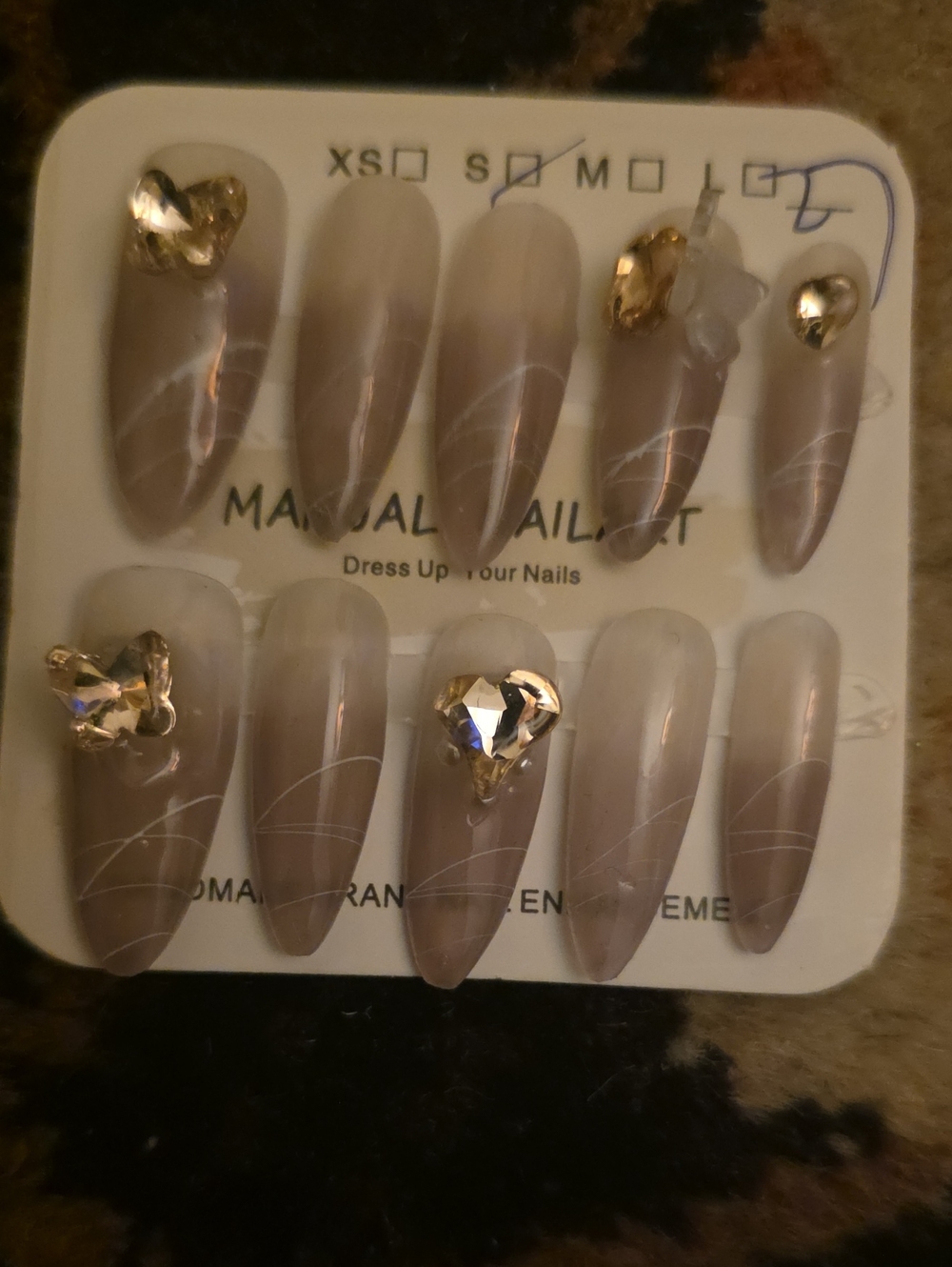 Neutral Taupe Press-On Nails with Gold Crystal Accent - Size Small